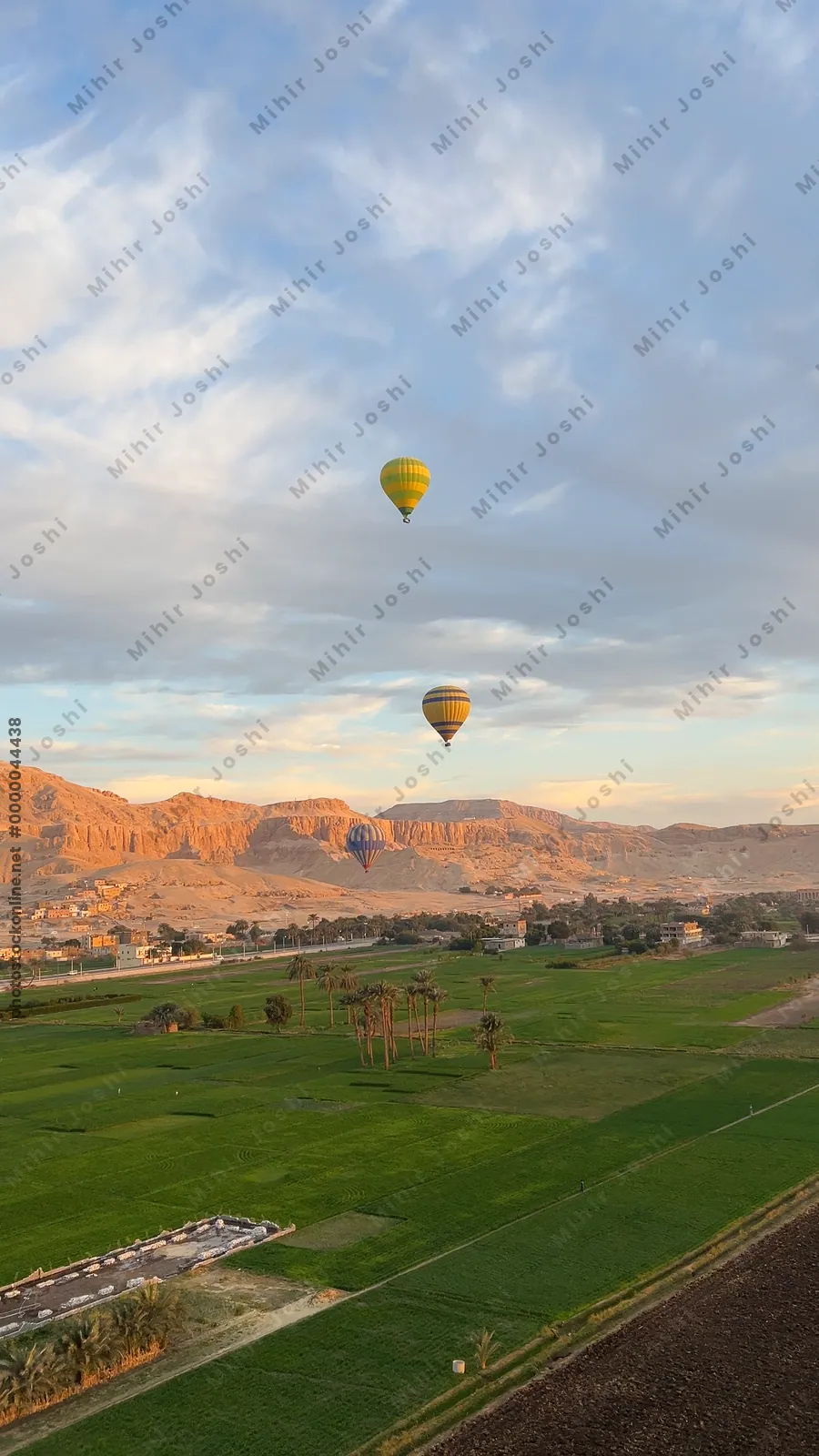 Luxor, Egypt - Feb 10, 2025: Hot air balloons at sunrise floating above green fields and cliffs of Luxor, Egypt, with the Theban mountains in the background.