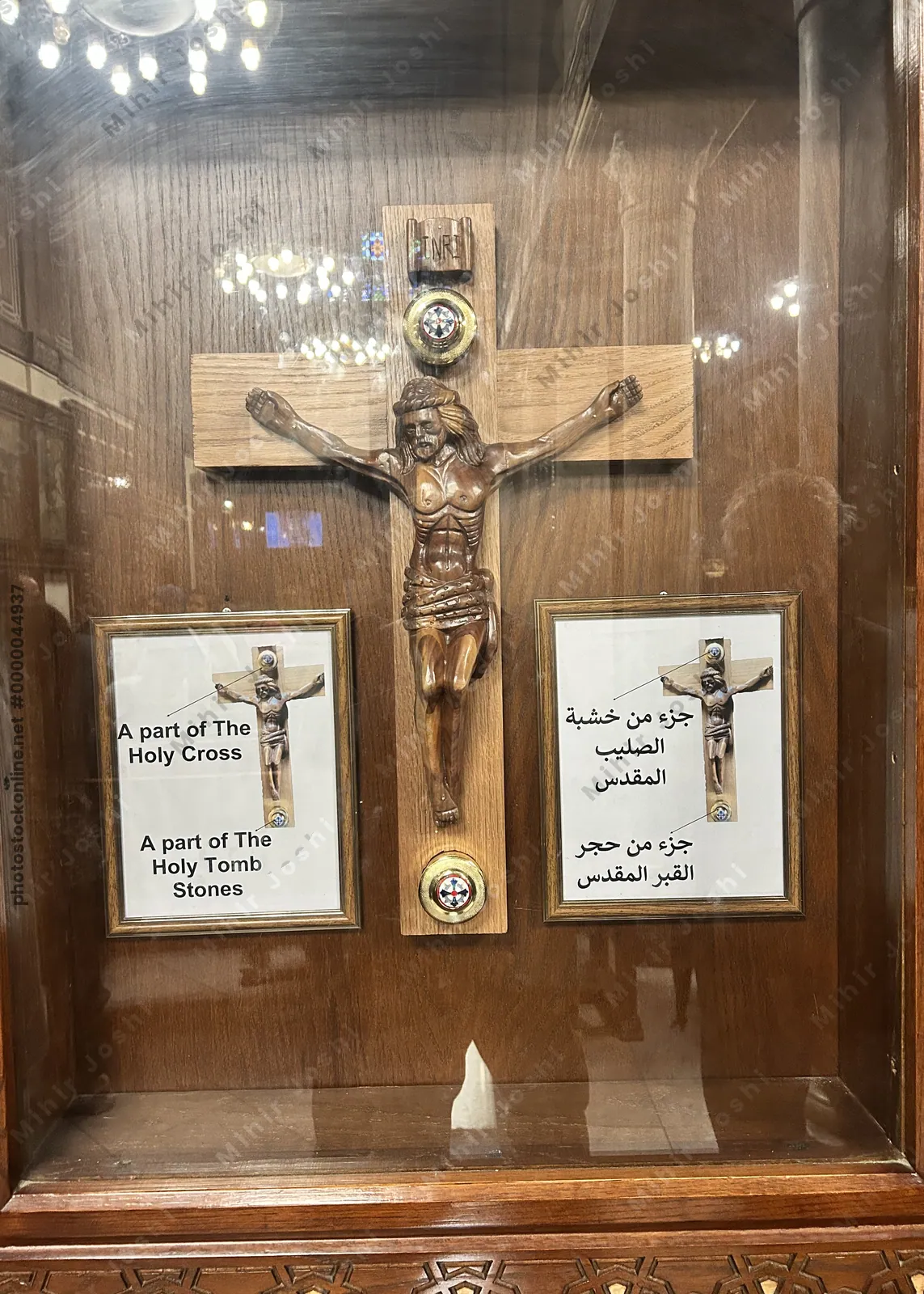 Cairo, Egypt -  Feb 5, 2025: Relics of the Holy Cross and tombstone in Saints Sergius and Bacchus Church (Abu Serga), a historic Coptic site in Old Cairo, Egypt