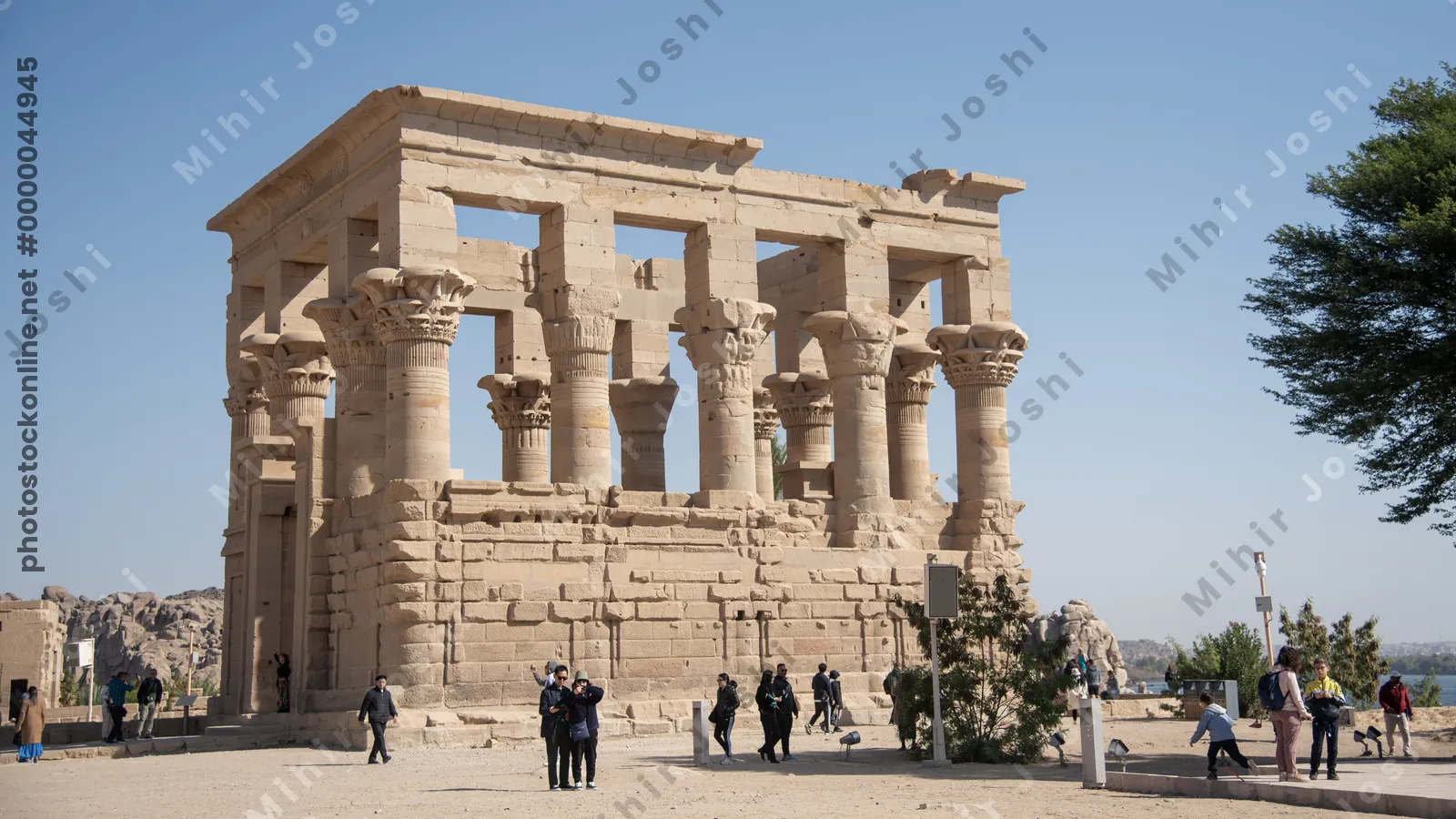 Aswan, Egypt - Feb 7, 2025:  Trajan's Kiosk, or Pharaoh's Bed, is a roofless ancient Egyptian temple on Agilkia Island near Aswan, Egypt