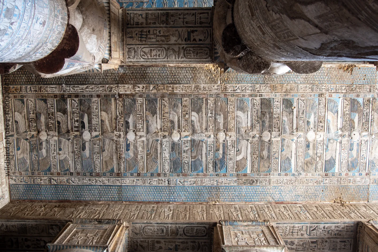 Dendera, Egypt - Feb 10, 2025: Vultures on Dendera Temple ceiling symbolizing Nekhbet, protector of Upper Egypt and guardian goddess of the pharaoh in ancient Egyptian belief